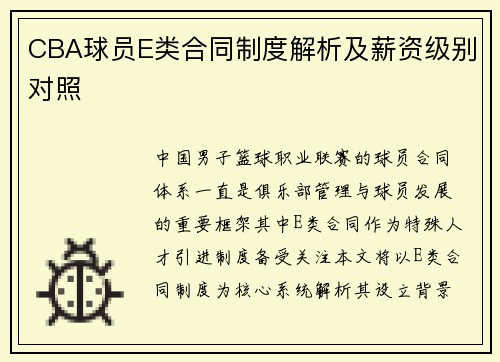 CBA球员E类合同制度解析及薪资级别对照